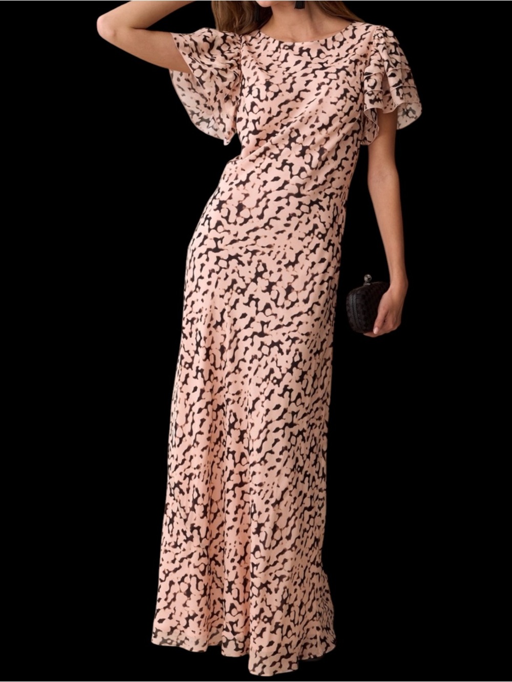 O.P.T. Few Moda Leonor Silk Dress Pink Peach Brown Flutter Sleeve Maxi NWT